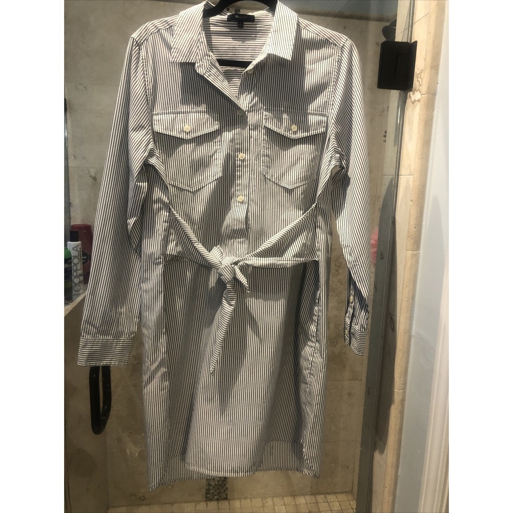 Madewell Women Blue White Striped Tie Front Shirt Dress Pockets Large